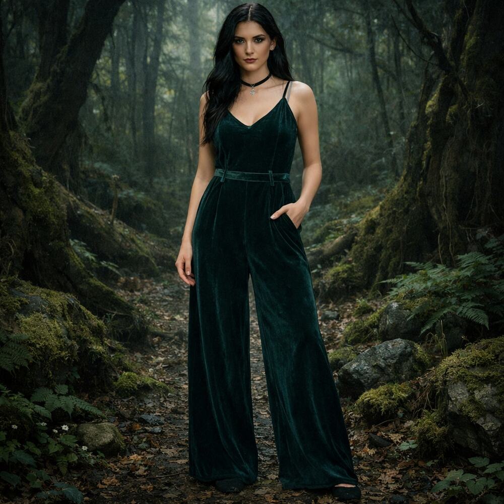Sz Small Velvet Burnout Deep Jade Green Jumpsuit Belted Strappy Witchy Fairygoth